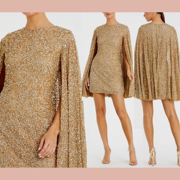 NWT $498 Mac Duggal [ 8 ] 5931 Sequined‎ Cape Sleeve Mini Dress in Gold #J1826 - Picture 1 of 16